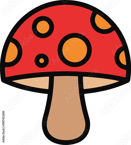 A simple cartoon mushroom icon with a red cap, orange spots, and a thick black outline.
