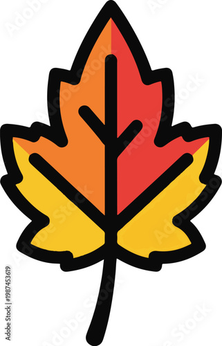 Stylized Autumn Maple Leaf Icon with a Bold Black Outline and a Warm Red, Orange, and Yellow Gradient.