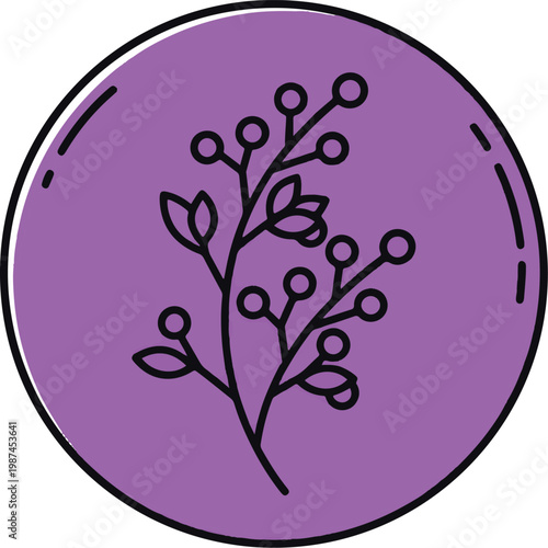 Minimalist black line art of a botanical sprig with delicate round berries and leaves.
