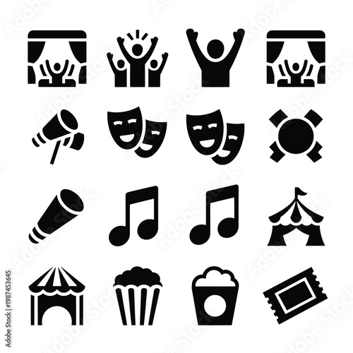 Set of 16 Black Entertainment and Event Solid Icons Vector