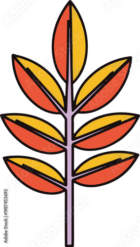 Stylized autumn branch with vibrant bicolored orange and yellow leaves and a bold black outline.