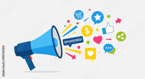 Megaphone with colorful social media icons.