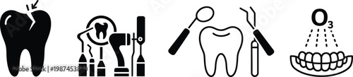 Tooth icon set including cracked tooth, dental tools, and ozone treatment