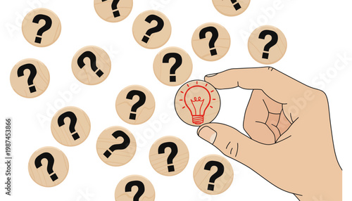 A hand holding a lightbulb idea among question marks