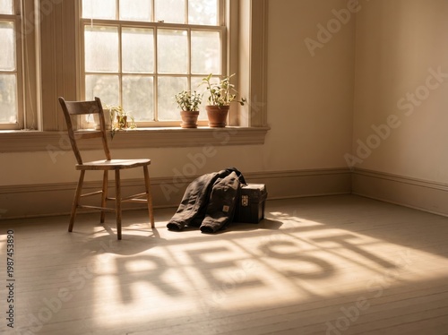 Cozy room with chair, suitcase, and plants by a sunny window with rest shadow on the floor