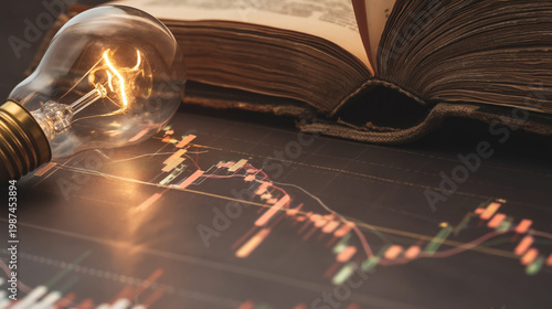 Vintage book shines bright under warm light bulb casting inviting glow