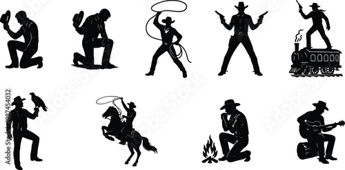 Cowboy vector silhouettes in various western poses and activities