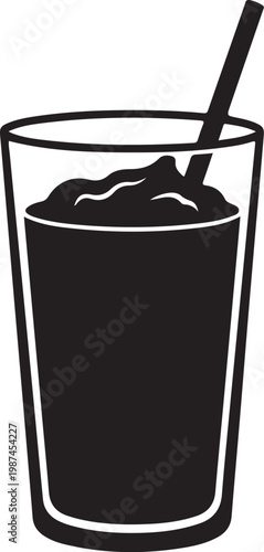 Black cold drink, glass with ice, straw vector, beverage illustration, refreshment icon