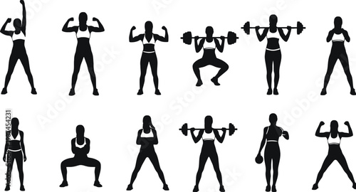 A fit woman doing various exercises with dumbbells in silhouette style