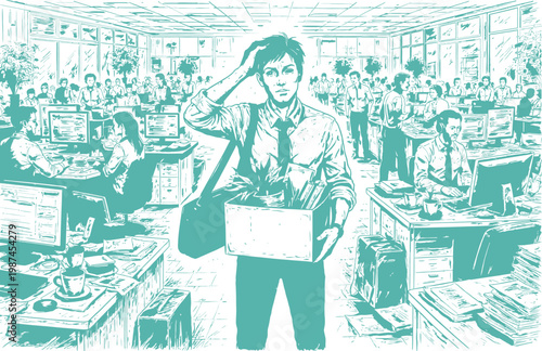 Fired Employee Leaving Busy Office With Box