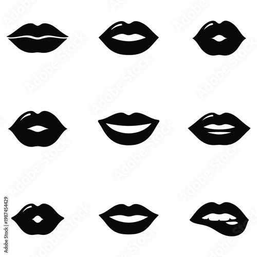 Set of 9 Vector Lip Silhouettes with Different Expressions and Mouth Positions