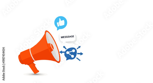 Megaphone with social media icons nearby.