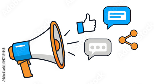 Megaphone with social media symbols around.