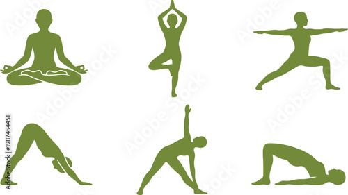 Minimalist Yoga Pose Silhouette Icon Set - 6 Flat Vector Symbols of Lotus, Tree and Warrior Poses for Wellness and Fitness