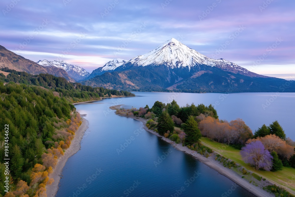 Obraz premium Majestic snow-capped mountain over serene lake and lush forest at sunrise