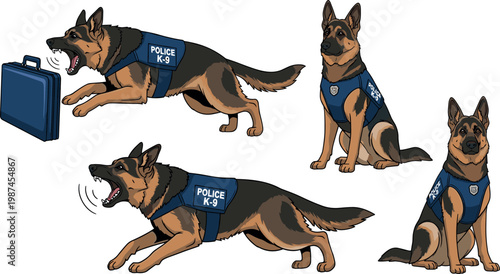 Police K-9 German Shepherd dog set featuring barking tracking and sitting poses for security and law