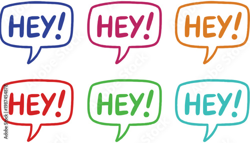 A colorful speech bubble icon set with multiple hey messages