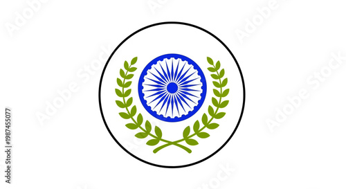 Indian inspired emblem featuring Ashoka Chakra and olive branches symbol of peace.