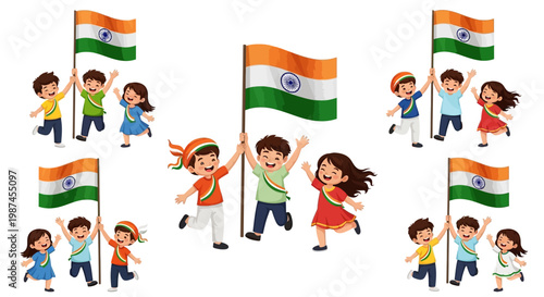Children Celebrating with Indian Flags.