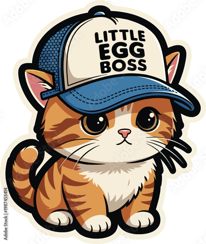 A cute orange tabby kitten wearing a blue trucker hat with the text little egg boss on the front Vector