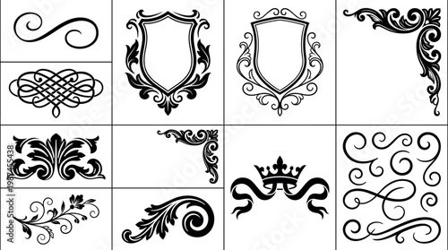 Vintage Calligraphic Ornament and Flourish Vector Set. Black Floral Dividers, Royal Shields, Crowns, and Elegant Page Borders.