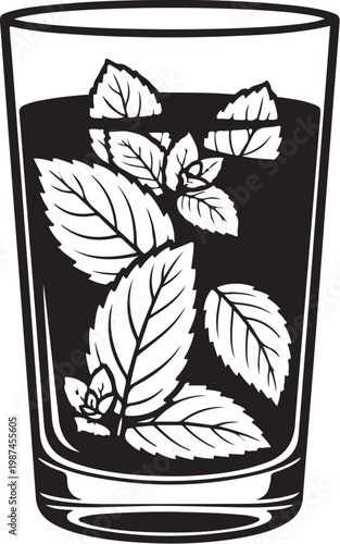 Black tea, leafy herbal drink, mint infusion, glass cup, botanical illustration, vector