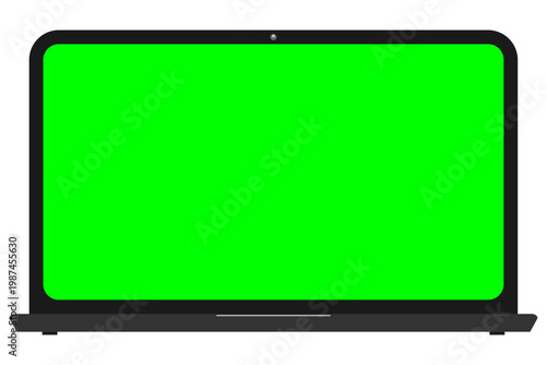 Laptop mockup green screen chroma key vector illustration front view isolated on white background minimalist flat design mockup with copy space for digital content and business presentation.