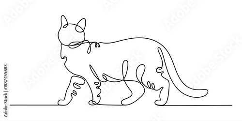 A minimalist single continuous line drawing of a cat walking peacefully in a side profile view Vector, illustration