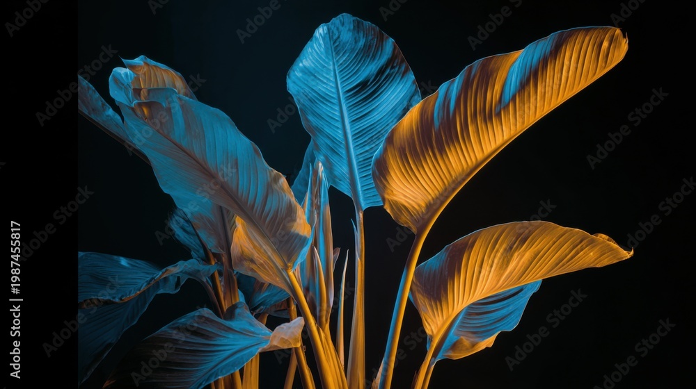 Obraz premium indoor strelitzia plant with large leaves and a single flower, dark room, artificial lighting only, bright blue light clearly from the left 