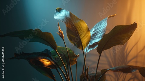 indoor strelitzia plant with large leaves and a single flower, dark room, artificial lighting only, bright blue light clearly from the left
