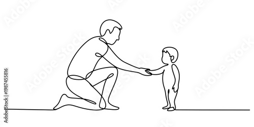 A single continuous line drawing of a father kneeling down and holding his small child hand tight Vector, illustration