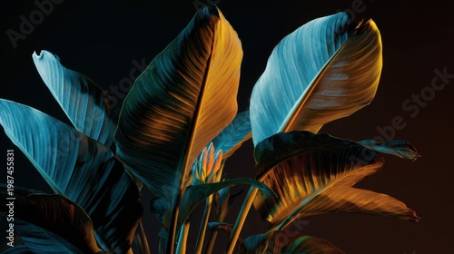 indoor strelitzia plant with large leaves and a single flower, dark room, artificial lighting only, bright blue light clearly from the left
