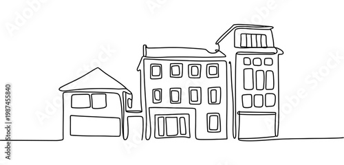 A minimalist black and white single line drawing depicting a group of simple suburban houses Vector, illustration