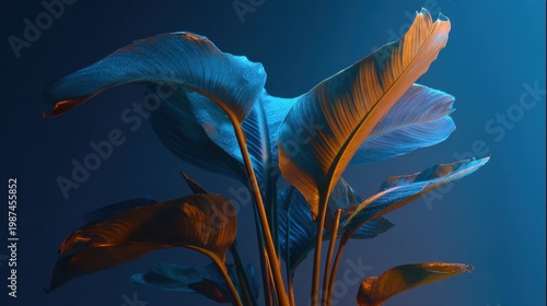 indoor strelitzia plant with large leaves and a single flower, dark room, artificial lighting only, bright blue light clearly from the left

