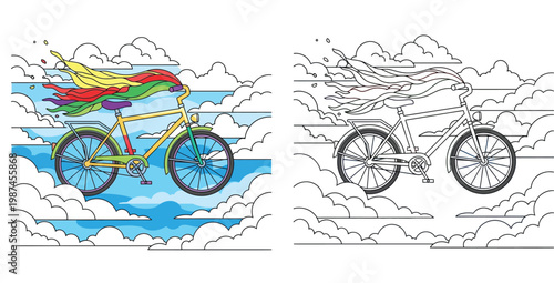 Whimsical Flying Bicycle in the Clouds with Flowing Rainbow Cape, Vector Illustration Set for Coloring Book and Creative Design Projects
