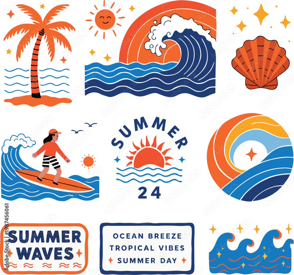 Naklejka premium Retro Summer Beach Sticker Set with Surf, Waves, and Palm Trees