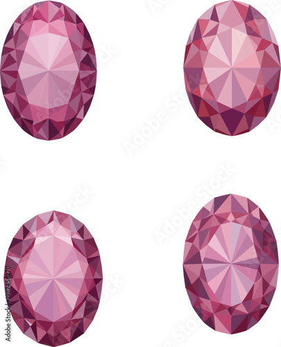 Low poly geometric vector illustration of four pink oval cut gemstones or diamonds isolated on a white background