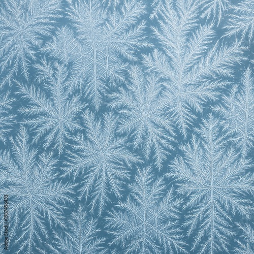 Close-Up of White Ice Frost Crystal Patterns Growing on Blue Surface Resembling Snowflake Fern Leaf Shapes, Winter Frozen Texture Background
