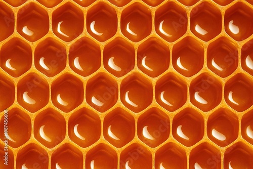 Close-Up of Orange Yellow Honeycomb Wax Cells with Hexagonal Pattern and Smooth Inner Surface, Natural Beehive Texture Background
