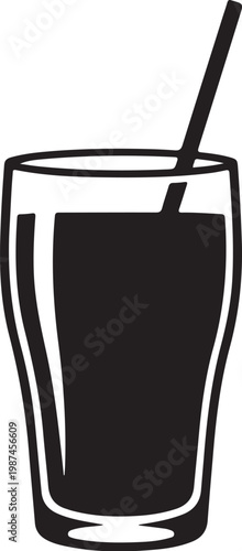 Black drink glass, straw vector, beverage icon, liquid illustration