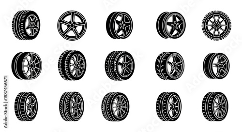 Collection of various car wheels and tires in a detailed illustrative style.