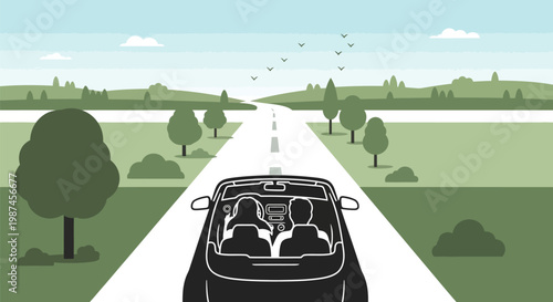 Couple driving a convertible car on a scenic road trip.