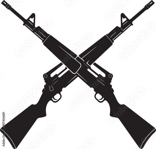 Black and white crossed rifles silhouette, minimalist also transparent background, guns