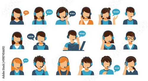 Customer service support team with headsets and speech bubbles.