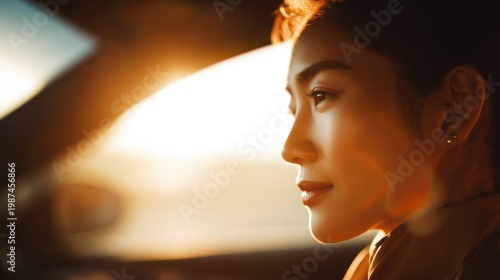 close-up side profile of an Asian stylish woman driving a car, Light brown interior of the car ，bright warm sunlight illuminating her face, high-key lighting, golden warm tones
