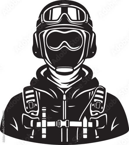 Black and white of a person in a hazmat suit with gas mask and goggles also transparent background, protective gear