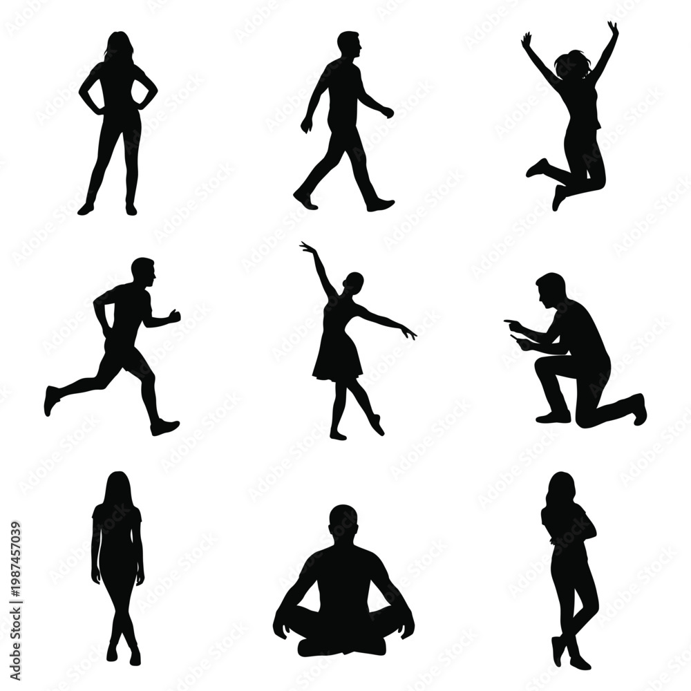 Obraz premium 9 Human Silhouette Vector Poses Set - Minimalist People Icons in Various Actions