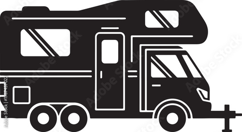 Black and white silhouette of a camper trailer towed by a vehicle also transparent background