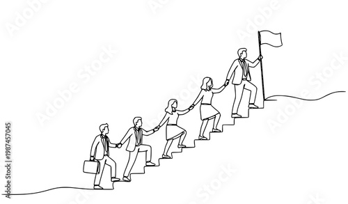 Single continuous line teamwork illustration of leader with flag guiding team up stairs for success and leadership concept