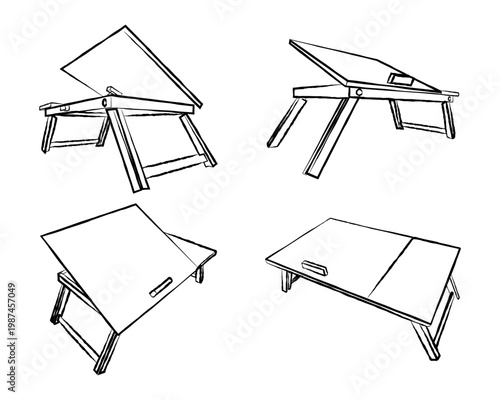 Minimalist Hand Drawn Folding Laptop Desk Illustration Set – Portable Work Table Line Art Sketch Collection. 